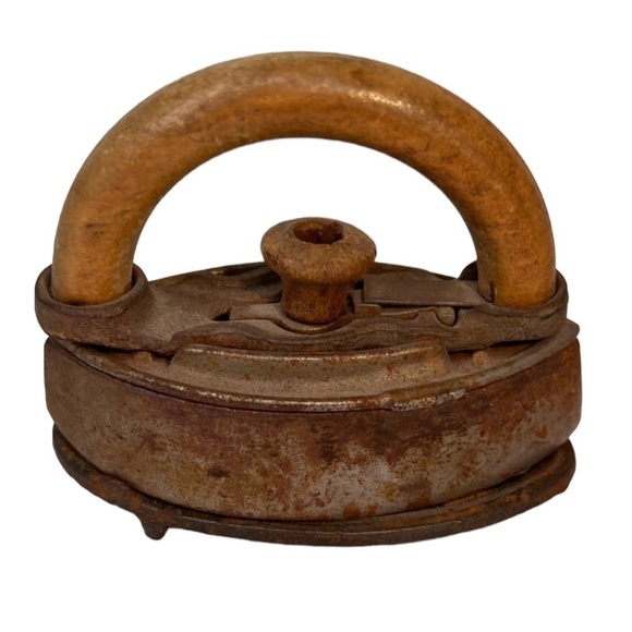 Antique Vintage Clothing Iron w/ Stand Cast Iron Wood Rare Mini - Picture 1 of 7